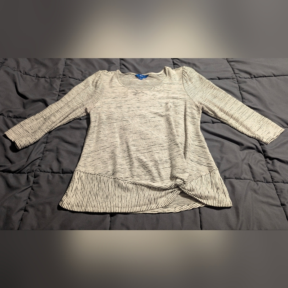 Apt. 9 Black and Cream Ribbed Striped Long Sleeve Top With Waist Knot Size Large